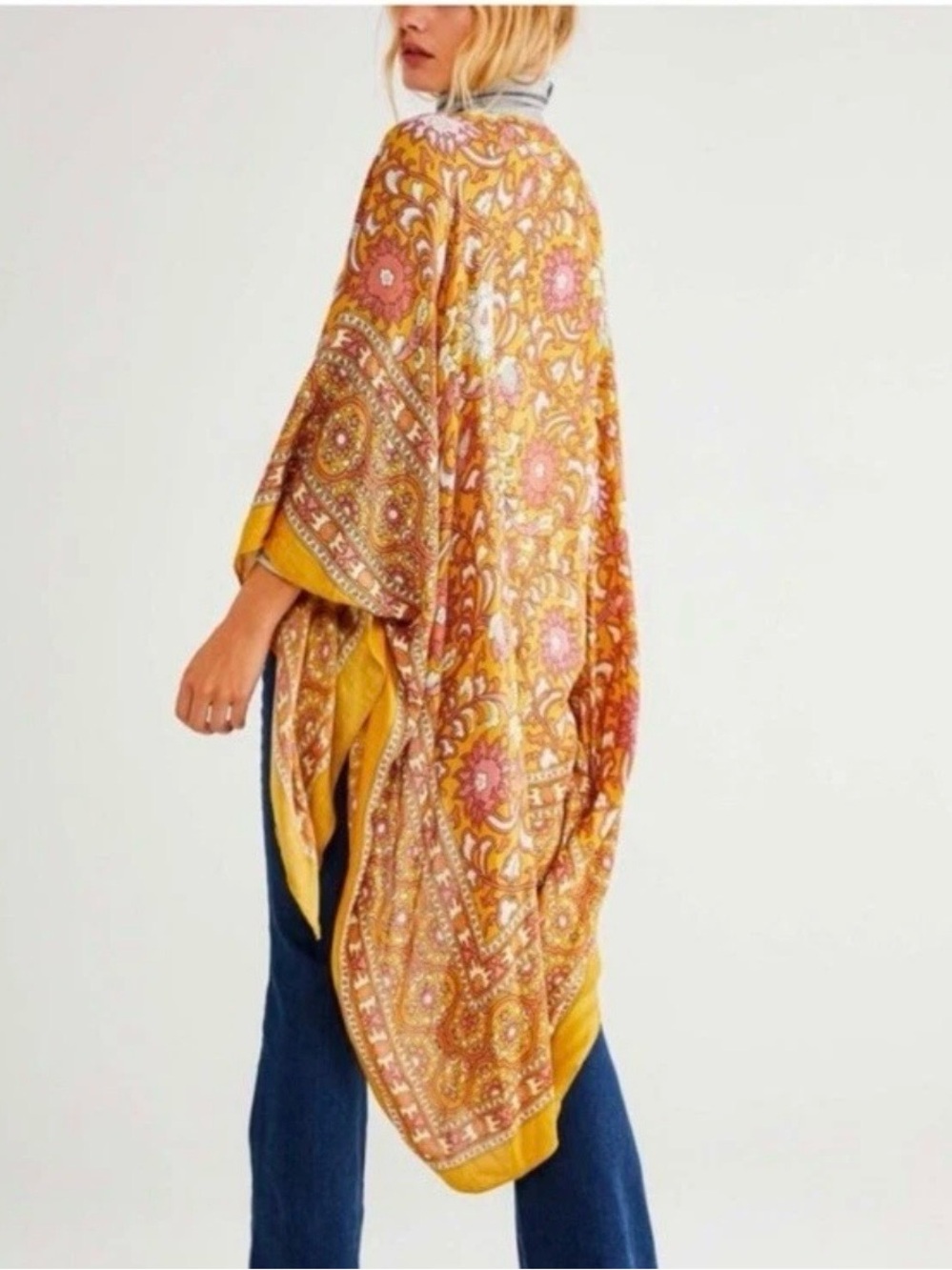 Free People Magic Dance Mellow Yellow Boho Paisley Kimono - One Size